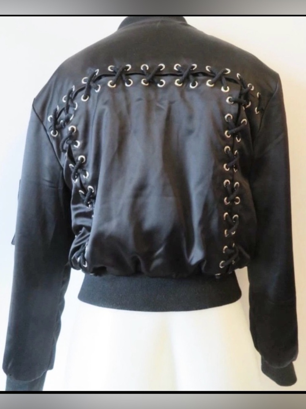 Seek The Label Black Bomber Jacket with Lace-Up Back Detail, Size Small
